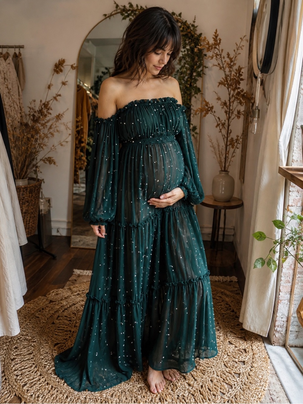 Reclamation - You Glow Girl - Off-Shoulder Emerald Pearl Maxi Photoshoot Dress